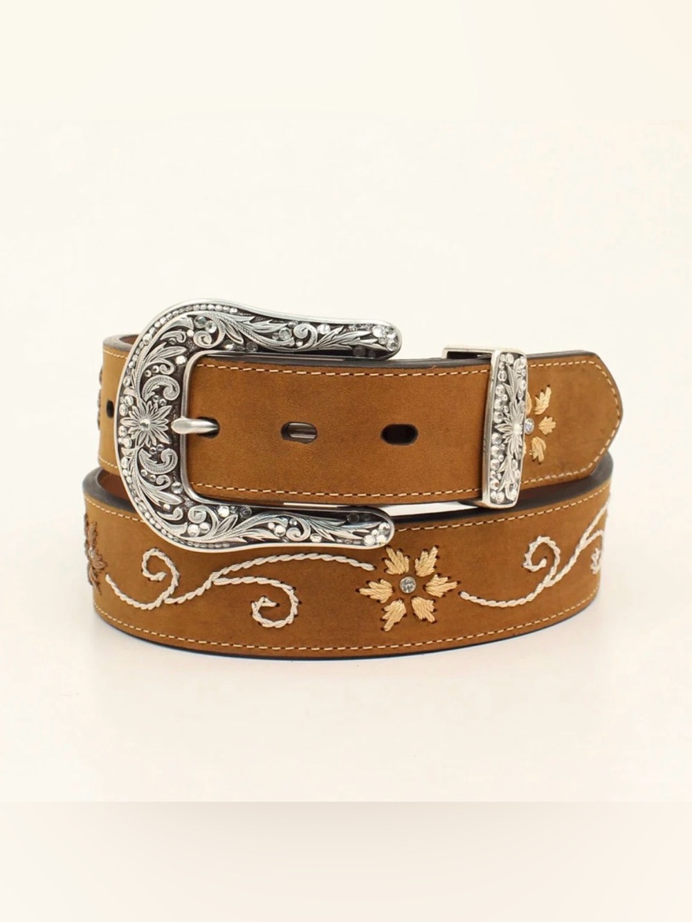 Nocona Belt Womens Western Brown Leather Belt Embroidered Floral Rhinestone Sz L